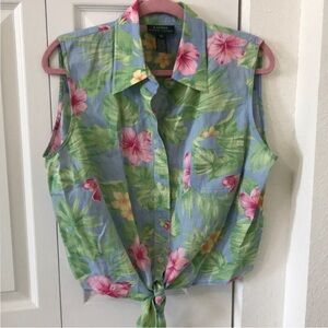 Ralph Lauren Linen Crop Top Buttons Sleeveless Knot Floral 14W